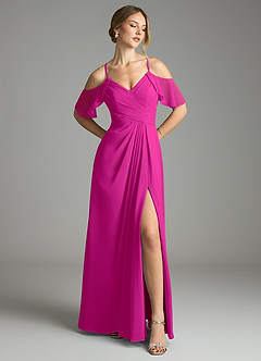 Azazie Dakota Bridesmaid Dresses Fuchsia A-Line V-Neck Pleated Chiffon Dress image1