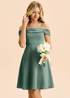 Azazie Anselie Junior Eucalyptus A-Line Off the Shoulder Stretch Satin Dress image4