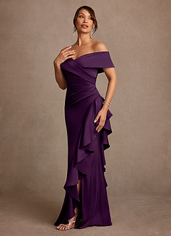 Azazie Kirsty Mother of the Bride Dresses Grape Sheath Off the Shoulder Stretch Satin Dress image3
