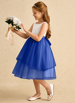 Azazie Rene Flower Girl Dresses Ivory Royal Blue A-Line Bow Tulle Dress image5
