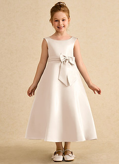 Azazie Eve Flower Girl Dresses White Alabaster A-Line Pleated Matte Satin Dress image4