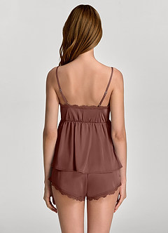 front Ensemble pyjama caraco et short en satin avec col en dentelle et buste à volants