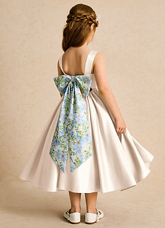 Azazie Doodlebug Blumenmädchenkleider A-Linie Schleifen Matte Satin Kleid Alabaster Weiß image3