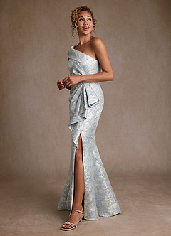 Azazie Hampton Moeder van de bruid jurken Zeemeermin Jurk van Jacquard One-Shoulder Stoffig Blauw image2