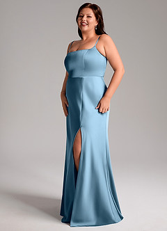 Azazie Lidia Bridesmaid Dresses Steel Blue Mermaid Side Slit Stretch Satin Dress image11