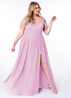 Azazie Lianne Bridesmaid Dresses Candy Pink A-Line Off the Shoulder Chiffon Dress image11