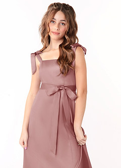 Azazie Barbara Junior Vestido de Rosa Polvorienta de Satén Elástico de Corte en A con Lazo image5