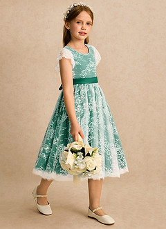 Azazie Maisie Flower Girl Dresses Ivory Emerald A-Line Lace Dress image4