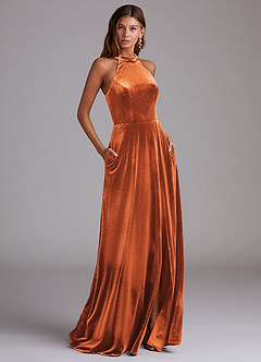 Azazie Larice Vestidos de damas de honor Vestido de Naranja Quemada de terciopelo de Corte en A con Con bolsillos image1