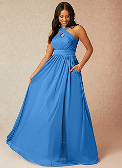 Azazie Hillian Vestidos de damas de honor Vestido de Azul Grisaceo de Malla de Corte en A con Halter Plisado image1