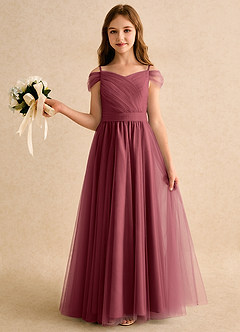 Azazie Yuna Girls Formal Blumenmädchenkleider A-Linie Schulterfrei Tüll Kleid Merlot image3