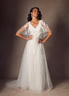 Azazie Renesmee Wedding Dresses Diamond White Champagne A-Line Sequins Tulle Dress image7