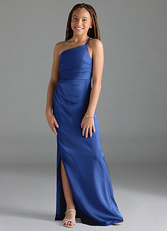 Azazie Eren Junior Royal Blue Sheath Pleated Stretch Satin Dress image4