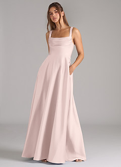 Azazie Shaude Bridesmaid Dresses Blushing Pink A-Line Pleated Stretch Satin Dress image4