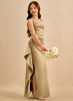 Azazie Cannoli Girls Formal Flower Girl Dresses Gold A-Line Pleated Matte Satin Dress image4