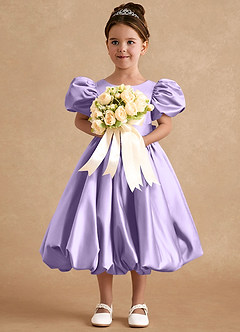 Azazie Jellybean Flower Girl Dresses Lilac Ball-Gown Ruched Matte Satin Dress image3