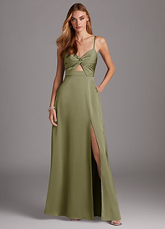 Azazie Jenna Robes de demoiselle d'honneur Robe Trapèze en Satin extensible Plissée Pistache image2
