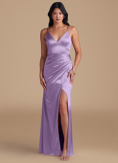Azazie Shania Bridesmaid Dresses Lilac Sheath Pleated Metallic Satin Dress image1