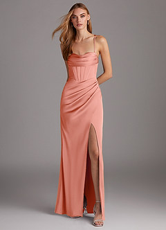 Azazie Brookelle Bridesmaid Dresses Coral Sheath Sweetheart Corset Stretch Satin Dress image2