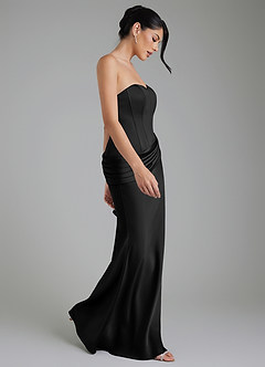 Azazie Draya At-home Try On Dresses Black Mermaid Strapless Stretch Satin Dress image6