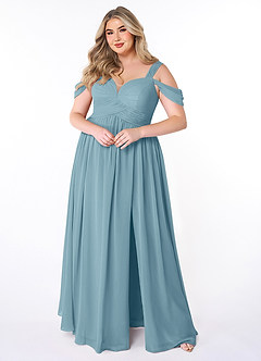 Azazie Lianne Robes de demoiselle d'honneur Robe Trapèze en Mousseline de soie Épaule décolletée Bleu Maussade image7
