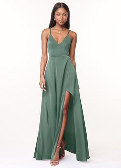 Azazie Maksim Bridesmaid Dresses Eucalyptus A-Line V-Neck Stretch Satin Dress image1