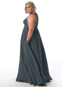 Azazie Lindie Final Sale Pewter A-Line Scoop Pleated Chiffon Dress image25