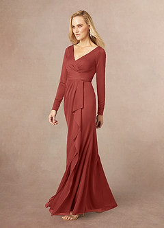 Azazie Risa Mother of the Bride Dresses Terracotta Mermaid V-Neck Pleated Mesh Dress image2