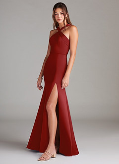 Azazie Rue Bridesmaid Dresses Pomegranate A-Line Pleated Stretch Satin Dress image5
