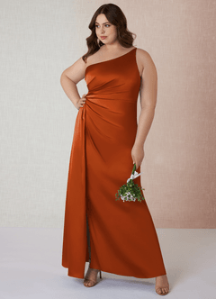 Azazie Mika Vestidos de damas de honor Vestido de Naranja Quemada de Satén Elástico de Corte Recto con Hombro unilateral image8