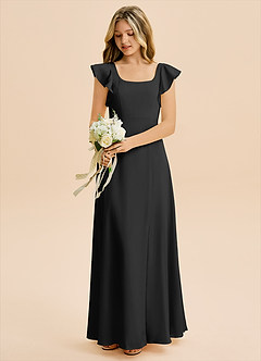 Azazie Bondi Junior Black A-Line Side Slit Stretch Satin Dress image5