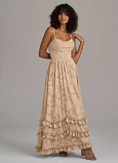 Azazie Lettie Bridesmaid Dresses Champagne A-Line Corset Floral Burnout Dress image3