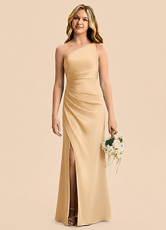 Azazie Eren Junior Gold Sheath Pleated Stretch Satin Dress image3