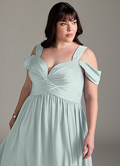 Azazie Lianne Bridesmaid Dresses Mist A-Line Off the Shoulder Stretch Satin Dress image14