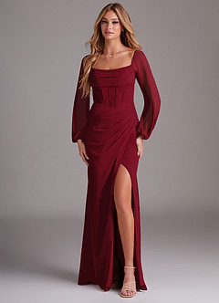 Azazie Charissa Bridesmaid Dresses Burgundy Sheath Long Sleeve Chiffon Dress image1
