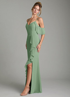 Azazie Alexys Bridesmaid Dresses Matcha Sheath Off the Shoulder Chiffon Dress image4