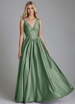 Azazie Delmie Abiti da Damigella Abito A-Line in Raso Elasticizzato Corsetto Matcha image1