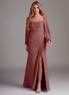 Azazie Charissa Robes de demoiselle d'honneur Robe Fourreau en Mousseline de soie Manche longue Rose Du Désert image3