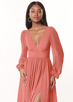 Azazie Norah Bridesmaid Dresses Salmon Pink A-Line V-Neck Long Sleeve Chiffon Dress image5