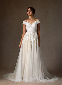 Azazie Cindy Abiti da Sposa Abito A-Line in Tulle a Spalla Scoperta in Pizzo con Illusione Bianco Diamante Champagne image2