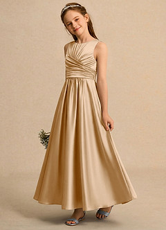 Azazie Ducky Girls Formal Flower Girl Dresses Gold A-Line Pleated Stretch Satin Dress image3