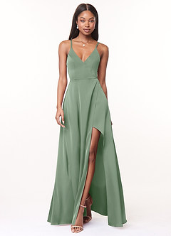 Azazie Maksim Vestidos de damas de honor Vestido de Matcha de Satén Elástico de Corte en A con Cuello en V image1