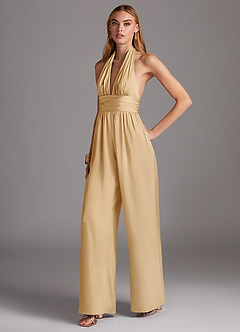 Azazie Oli Bridesmaid Dresses Gold Pleated Stretch Satin Jumpsuit image1