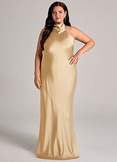 Azazie Velli Bridesmaid Dresses Gold Mermaid High Neck Stretch Satin Dress image6