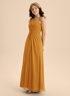 Azazie Brooke Junior Abito A-Line in Chiffon Spacco Laterale Caramello image6