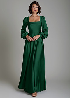 Azazie Solana Abiti da Damigella Abito A-Line in Raso Elasticizzato Maniche Lunghe Verde Scuro image1
