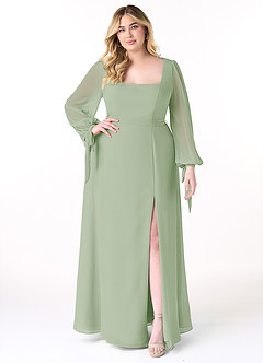 Azazie Leonia Bridesmaid Dresses Dusty Sage A-Line Long Sleeve Chiffon Dress image8
