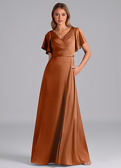 Azazie Ambrosia Bridesmaid Dresses Copper A-Line Pleated Stretch Satin Dress image5