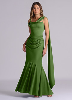 Azazie Inara Final Sale Dark Green Mermaid Pleated Stretch Satin Dress image4