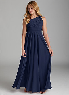 Azazie Charlize Junior Dark Navy A-Line Mesh Dress image4